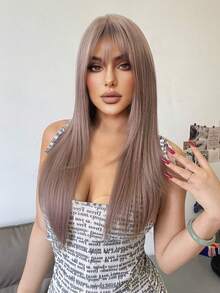 alicegarden 28-Inch Long Synthetic Wig Featuring A Natural Straight Style A Stunning Dusty Pink. Designed With Bangs , This False Hairpiece Is Perfect For Ms Daily Party Cosplay Use, Offering A Natural And Natural Durable Wig Gift For Ladies. - Dusty Pink - View 3