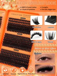 CMAYOME 720/648 DIY Complete Set Of Cluster Adhesive False Eyelashes - Includes Soft False Eyelash Clusters In 8 To 16mm Different Lengths, Soft And Fluffy Touch. This Set Includes Cluster False Eyelashes, Waterproof Glue, Tweezers And Brush. - Multicolor - View 7