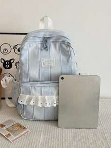 Fresh Artistic Style, Gentle Atmosphere, Plaid Single Piece Backpack Set, Lace Splicing Design, Large Capacity, Simple And Fashionable Backpack. - Multicolor - View 9