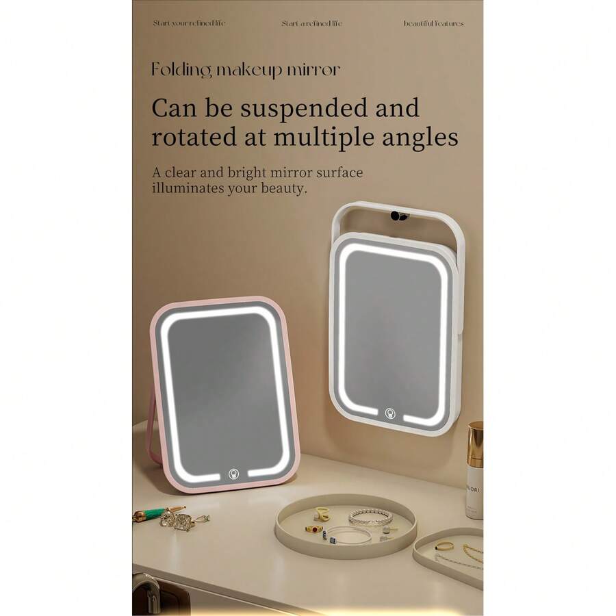 scbestuygo Foldable Makeup Mirror, 500mAh Rechargeable Battery, 3-Color Light Mode LED Vanity Mirror, Rotatable Hanging Mirror, Smart Touch Control, Portable Travel Mirror, Suitable For Bedroom, Bathroom, Dorm, Vanity