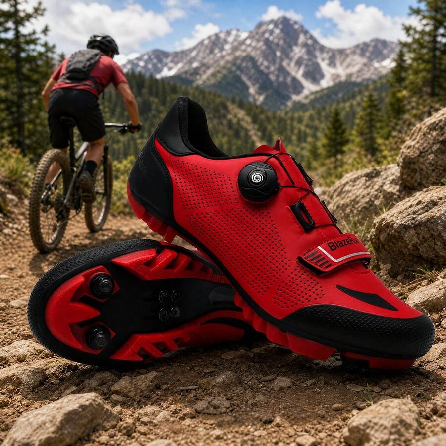 新款男士專業登山單車鞋,戶外登山單車運動鞋,防滑耐磨,舒適,配備快速棘輪扣,適用於 SPD 系統踏板,適合各種環境 - 酒紅色 - 查看 1