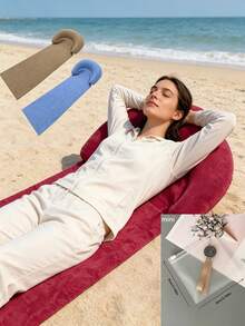 Beach Mat With Inflatable Headrest; PVC Flocked Fabric Sand-Proof Outdoor Mat; Sand-Proof And Waterproof; Foldable And Portable; Suitable For Camping, Picnic, Sunbathing, Pool Party, Summer Beach Trip And Backyard Leisure Activities - Multicolor - View 6