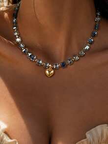 Hegaze 1pc Vintage Blue Sugar Cube Crystal Necklace For Women, Atmospheric Gold Heart Pendant Collarbone Chain - Transparent Blue - View 3