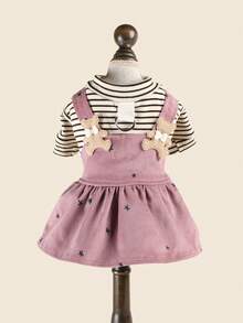 1件裝 2026秋冬新款小狗幼犬貓用可愛寵物服裝 百褶條紋學院風熊星星吊帶洋裝 蓮花粉 - 彩色 - 查看 2