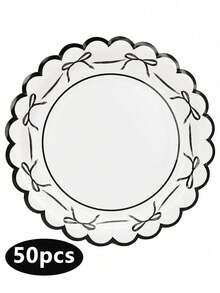 10/20/50pcs Bow Pattern Disposable Party Plates, Scalloped Edge Black Red Paper Cake Plates Dessert Plates With Ribbon Design, Party Tableware Supplies For Birthday, Wedding, Bridal Shower, Baby Shower, Anniversary, Holiday Celebration - View 13
