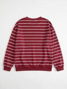 Women's Burgundy & White Horizontal Striped Crew Neck Sweatshirt, Vintage Loose Drop Shoulder Lazy Casual Pullover - White - View 3