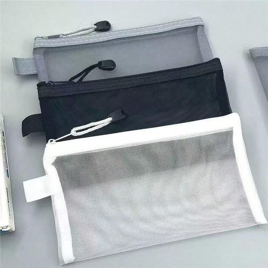 3pcs Different Color Portable Mesh Transparent Bags With 1 Pen, Unisex Cosmetic, Ticket, Pen Holder - Sets - View 1