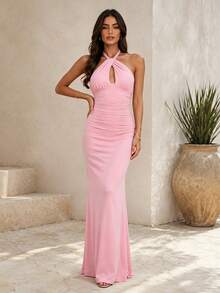 Women's Sexy Elegant Backless Spaghetti Strap Fitted Pink Maxi Dress, Perfect For Formal Occasions And Special Events - Pink - View 2