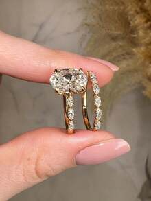 2pcs Women's Rings, Gold-Tone Copper Material, Oval Main Stone Stackable Design Inlaid With CZ, Exquisite Luxury Rings, Daily Commute Holiday Gift - Gold - View 6