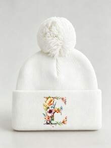 1pc Baby Beanies Boy Girls White Pom-Pom Cap With A-Z Letter Colorful Floral Hat For Boys And Girls Ages 0-8Y, For Hat Accessories Winter Warm Hat - Multicolor - View 40