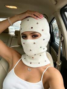 1pc Women's Y2K Rhinestone Balaclava Hat, Unisex One-Hole Knitted Head Cover, Fashionable Face Mask Cap, Suitable For Daily Streetwear And Party - Single-hole Head Cover - View 1