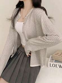 Jaket Kardigan Rajut Bergaris Wanita, Desain Baru Gaya Niche, Sweater Lengan Panjang Leher Bulat Tipis, Patchwork Acak Musim Gugur - Aprikot - View 6