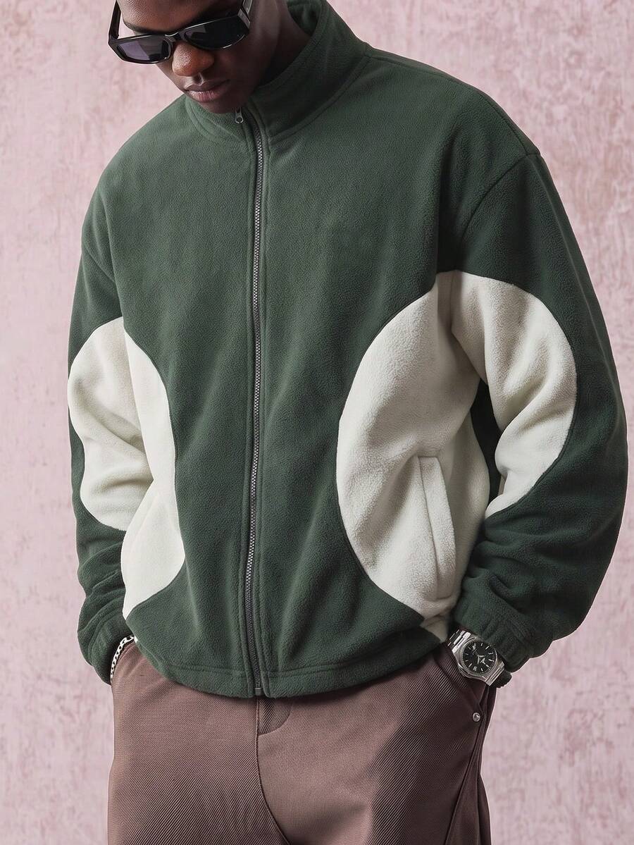 1pc Men's Fleece Zip-Up Jacket, Colorblock Circle Patchwork Stand Collar Outerwear, Loose Long Sleeve Casual Jacket, Autumn/Winter - Army Green - View 1