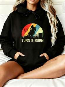 Women's Hooded Sweatshirt,Retro Style,Printed With The Silhouette Of A Horseman And"Turn And Burn"Text Pattern,Casual Wear,Suitable For Spring And Aut - 黑色 - 查看 8