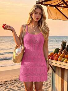 Robe camisole d'été pour femme, style bohème, vacances à la plage, patchwork blocs de couleurs, tricot ajouré - Rose vif - Voir 2