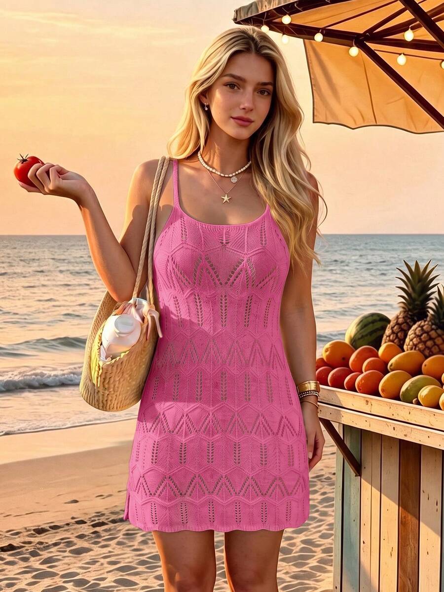 Robe camisole d'été pour femme, style bohème, vacances à la plage, patchwork blocs de couleurs, tricot ajouré
