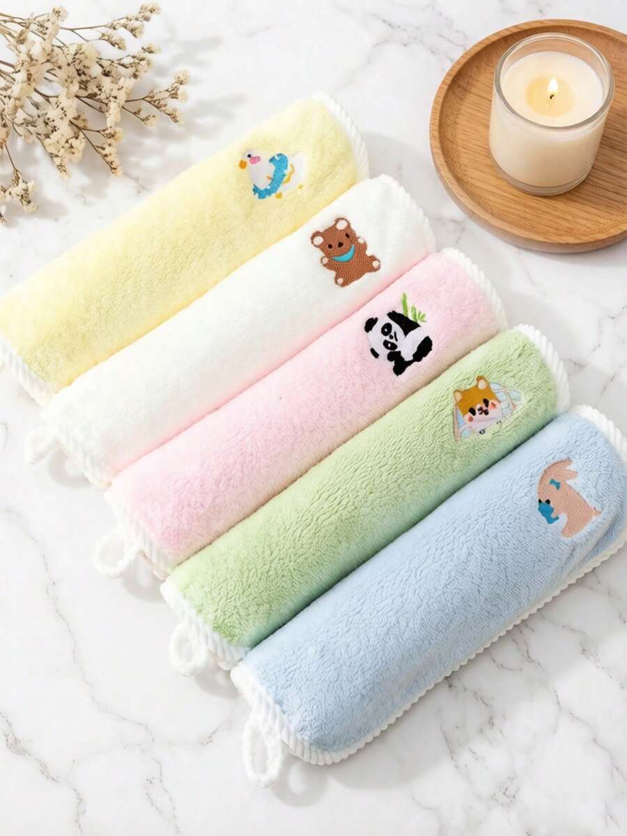 1/5件 9.84"*19.68" 卡通動物刺繡珊瑚絨手巾，超柔軟高吸水臉巾，附掛環，便攜，多色，可重複使用，適用於浴室、洗臉、卸妝、廚房、返校宿舍 - 彩色 - 查看 1