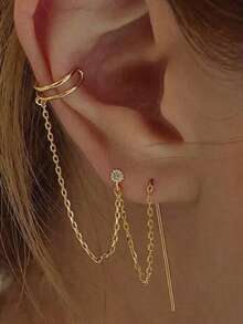 1pc Inlaid Cubic Zirconia Chain Delicate Earrings, Suitable For Women's Daily Wear, Dating, And Party - Yellow Gold - View 1