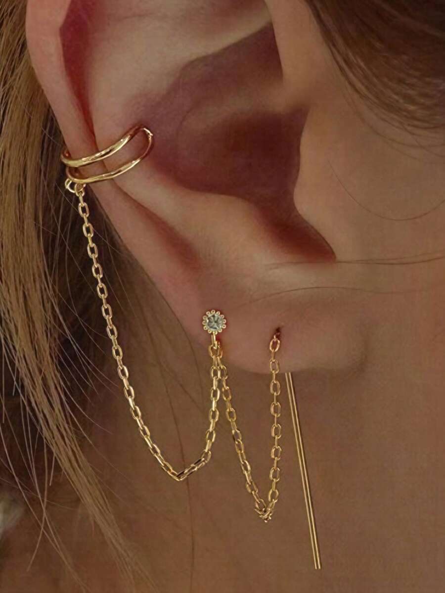 1pc Inlaid Cubic Zirconia Chain Delicate Earrings, Suitable For Women's Daily Wear, Dating, And Party - Yellow Gold - View 1
