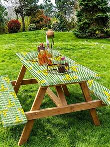 3 PiecesPicnic Tablecloth Set With Bench Cover, Elastic Edge Design, Line & Floral Pattern, Fresh Style, Washable Rectangular Tablecloth, Suitable For Weddings, Camping, Picnics, Garden Parties And More, Practical Essential - A - View 1