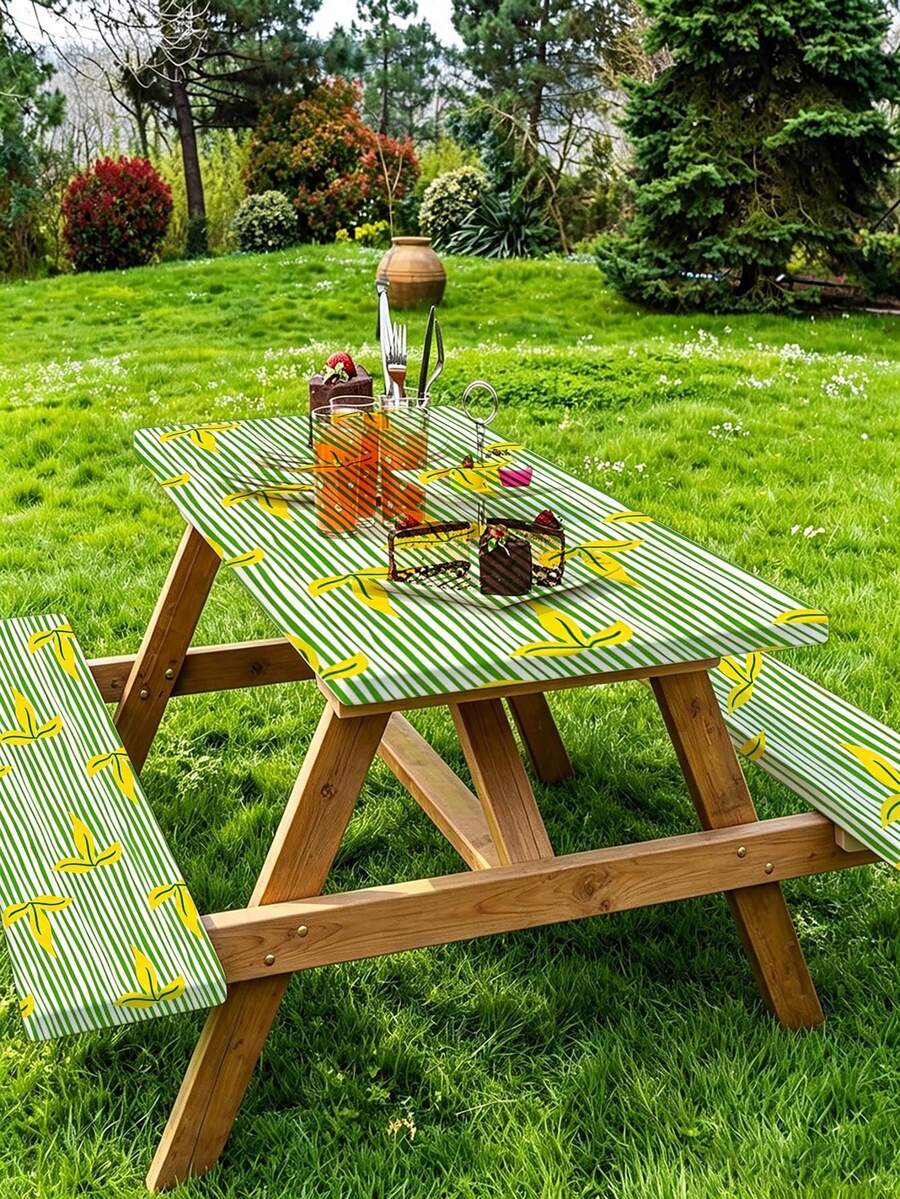 3 PiecesPicnic Tablecloth Set With Bench Cover, Elastic Edge Design, Line & Floral Pattern, Fresh Style, Washable Rectangular Tablecloth, Suitable For Weddings, Camping, Picnics, Garden Parties And More, Practical Essential - A - View 1