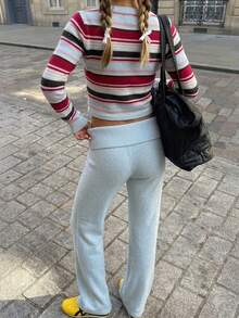Setelan Sweater Pendek Bergaris Leher V dan Celana Rajut Lebar untuk Wanita, Pakaian 2 Potong yang Nyaman untuk Musim Gugur/Dingin - Baby Blue - View 9
