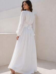 Cremefarbenes langes Kleid mit elastischem Bund und abnehmbarem Gürtel - 7051 - Weiss - Übersicht 3