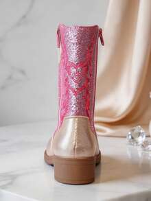 1 Pair Pink Fashion Classic Pointed Toe Western Boots, Soft PU Glossy Exquisite Embroidered Pattern Girls Cowboy Boots, Inner Zipper Low Chunky Heel Design, Suitable For Mid-To-Large Girls Daily School, Outings, Versatile, Autumn/Winter New - Hot Pink - View 3