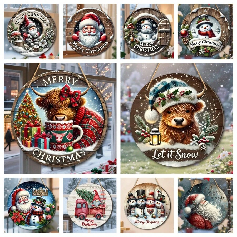 Exquisite Vintage Wooden Christmas Hanging Signs With Santa, Cow, Snowman, Suitable For Entryway, Hallway, Wall Decor, Home Christmas Decoration, Great Gift Idea, 2D Flat - Hanging Ornament - View 1