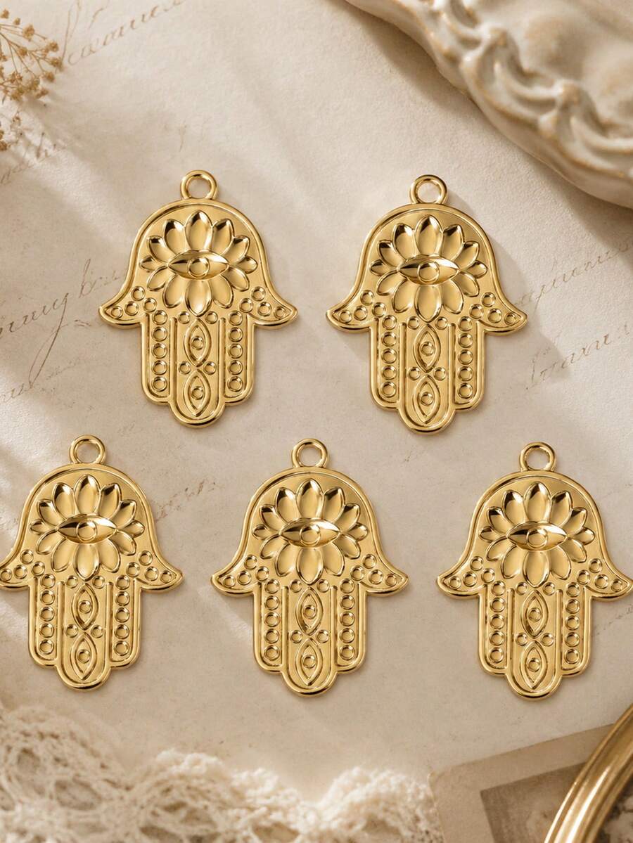 5pcs Stainless Steel 18K Gold Plated Evil Eye Series Big Eye Palm Embossed Pendant Set, Halloween DIY Hanging Decoration Necklace Bracelet Anklet Earring Accessories - Multicolor - View 1
