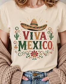 Camiseta estampada patria para mujer, diseño Independencia de México, playera casual de manga corta, ropa tradicional mexicana, ideal celebraciones, uso diario - Albaricoque - Ver 2