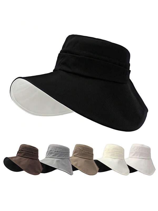 1pc Cream White Fine Striped Wide Brim Bucket Hat, Black Inner Sun Protection Coating Effectively Blocks UV Rays, Extra Wide Brim Fully Protects Face And Neck, Smooth Lightweight Foldable Fabric, Minimalist Solid Color Elegant Style, Suitable For Summer Outings And Beach Vacations, Creates A Fresh And Graceful Look