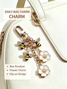 Enamel Bee & Flower Keychain, Gold-Plated Rhinestone Bag Charm Pendant, Women's Car Key Ring, Pastoral Style Decorative Accessory. Sweet Garden Style Key Ring, Women & Girls Gift Accessory. Gift For Women, Birthday, Holiday Gift. - Multicolor - View 2