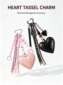 Y2K Crocodile Pattern PU Heart Keychain, Woven Tassel Bag Charm With Spring Coil Rope, Vintage Bag Decoration, Aesthetic Bag Accessory Gift For Girls - Multicolor - View 4