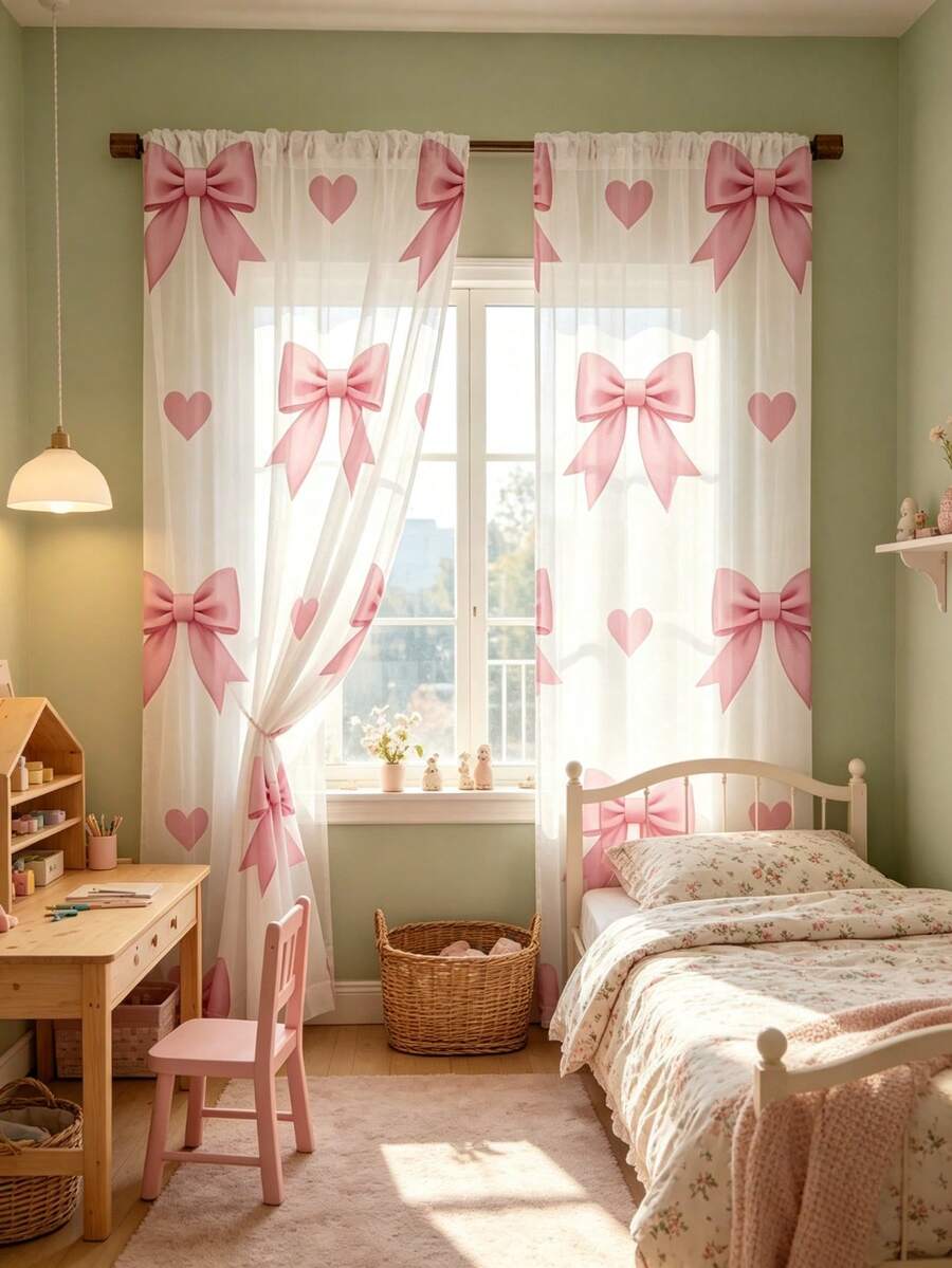 2pcs Sweet & Cute Style Curtains, Pink Bow & Heart Pattern, Flat Print, Easy To Use, Baby Shower Decoration, Kids Room, Home, Holiday Decor, Baby Gift - Multicolor - View 1