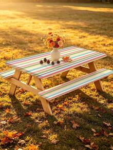 Juego de 3 piezas de mantel para picnic con funda para banco, diseño de borde elástico, patrón a rayas, mantel rectangular lavable, adecuado para bodas, camping, picnics, fiestas en el jardín y talla grande, esencial práctico - D - Ver 10