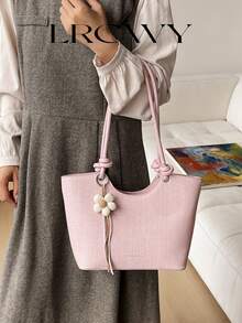 Damen Schultertasche, große Kapazität, minimalistisch rosa, süß sanft elegant mit Blumencharm, geeignet für Einkaufen und Pendeln - Pink - Übersicht 4