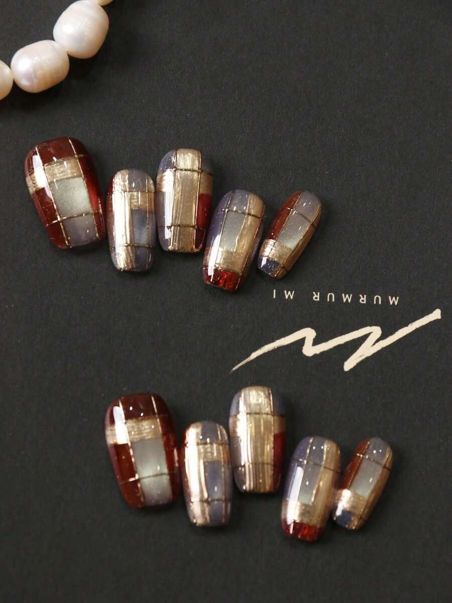 10片可穿戴假指甲套組,亮藍貓眼黑線條風,黑白法式星空銀花短款設計,適合辦公日常佩戴,附1片黏貼貼紙與1個迷你指甲锉 - 彩色 - 查看 1