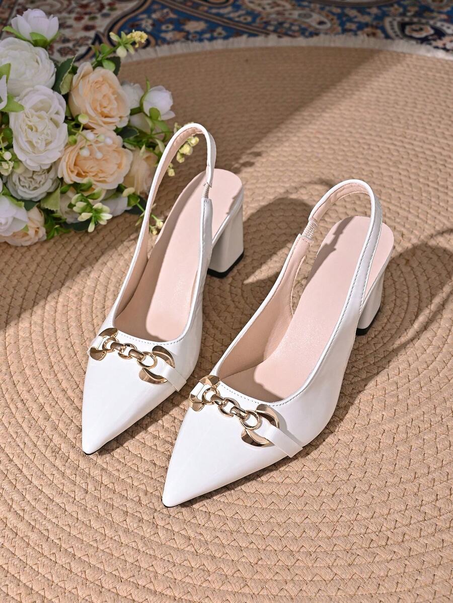 White Glossy Pointed Toe Slingback Chunky Heel Pumps For Women, Metal Chain Buckle Elastic Back Strap Commuter High Heels - White - View 1