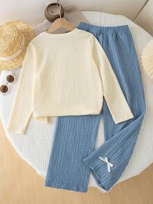 Tween Girls' Casual Fashion Bow Ribbon Round Neck Long Sleeve Top And Straight Leg Pants 2 Pieces Set, Spring/Autumn - Blue - View 3