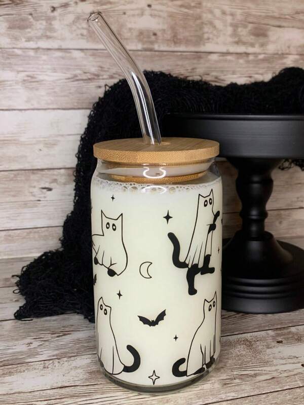 Cute Ghost Kitten & Bat Pattern Glass Straw Cup, High Borosilicate Cold & Heat Resistant Straw Cup, European & American Halloween Vibe Beverage Storage Cup