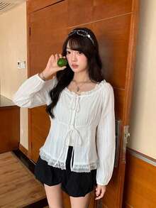 Sweet Style Lace Trim Tie-Front Long Sleeve Blouse, Chic Autumn Top For Women - White - View 2