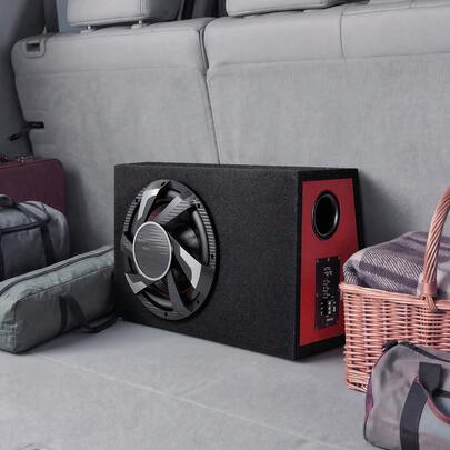 مجموعة مضخم صوت (Subwoofer) مع باص، 12 بوصة، 245 واط RMS، مجموعة صوت سيارة كاملة مع مضخم صوت، مع صندوق محمل، مضخم صوت مدمج، وطقم أسلاك، شكل شبه منحرف نحيف، مدمج لأنظمة صوت السيارة
