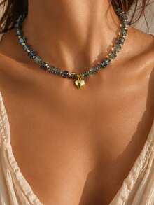 Hegaze 1pc Vintage Blue Sugar Cube Crystal Necklace For Women, Atmospheric Gold Heart Pendant Collarbone Chain - Transparent Blue - View 2