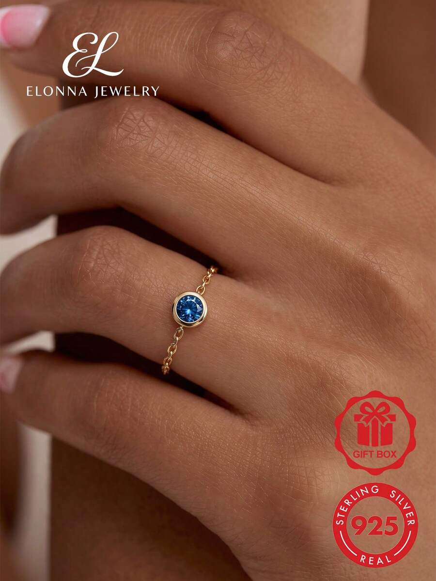 SYMFNY 925 Sterling Silver Minimalist Tiny Bezel Set Soft Chain Ring 1pc - Blue - View 1