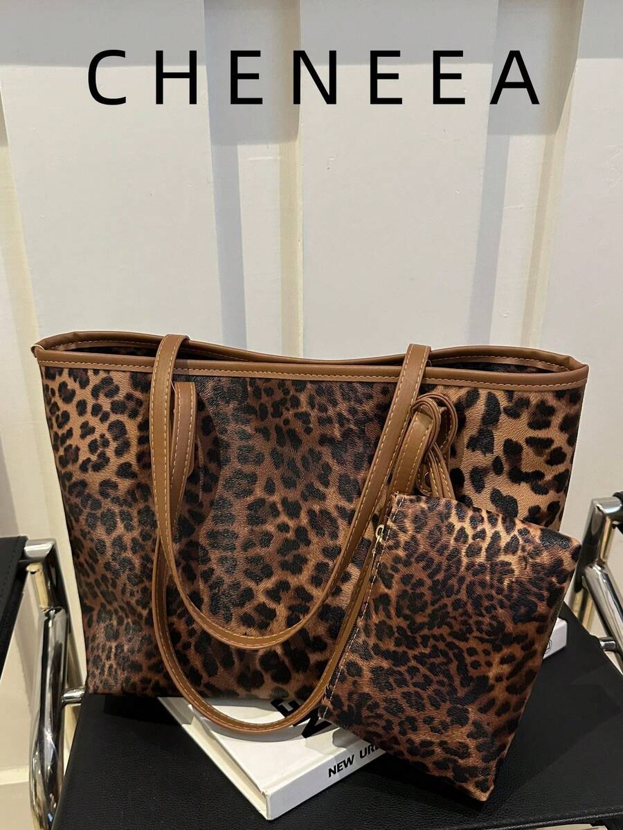 New Vintage Fashion Large Capacity Leopard Print Tote Bag, Zipper Closure, Comes With Mini Coin Purse, Lightweight Minimalist, Casual Commute Shoulder Bag - Coffee Brown - View 1