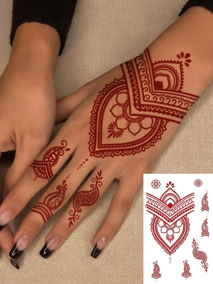 1張臨時紅褐色海娜紋身貼紙,心形曼陀羅佩斯利 Mehndi 假紋身,防水持久身體藝術貼紙,適合女性手部、手腕、手指,婚禮派對使用,不含海娜成分 - 紅色 - 查看 1