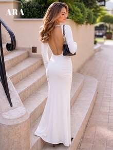 ARA CHIC Women White Square Neck Low Open Back Maxi Dress Long Sleeve Ruched Side Waist Bodycon Elegant Party Wedding Guest Dress Fall - White - View 2