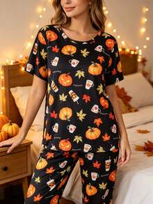 2-Piece Women's Halloween Pajama Set, Pumpkin & Maple Leaf Print, Short Sleeve Crew Neck Top And Long Pants Set, Comfortable Loose Fit For Home Wear, All Season - Black - View 4