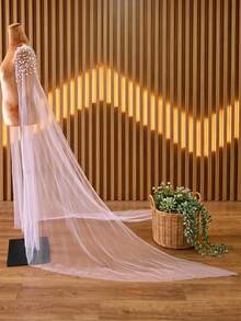 1 Pair Pink Soft Tulle Long Train Shoulder Shawl With Pin, Arm And Shoulder Coverage, Pearl Beaded Wedding Accessory Floating Veil - Multicolor - View 8